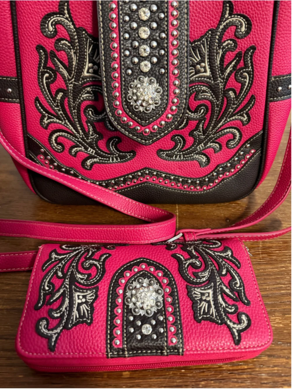 American Bling Pink Western Crossbody Purse & Matching Wallet Set Rhinestone Stu